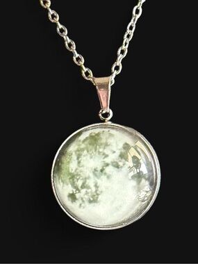Glow in the Dark ✨ Full Moon Pendant Necklace with Silver Chain 🪐🌌